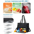 Stylish insulated laptop lunch bag for women with layered insulation for hot, cold, and fresh food storage.