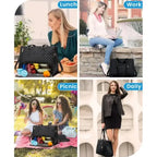 Stylish insulated laptop lunch bag for women shown used for lunch, work, picnic, and daily fashion.