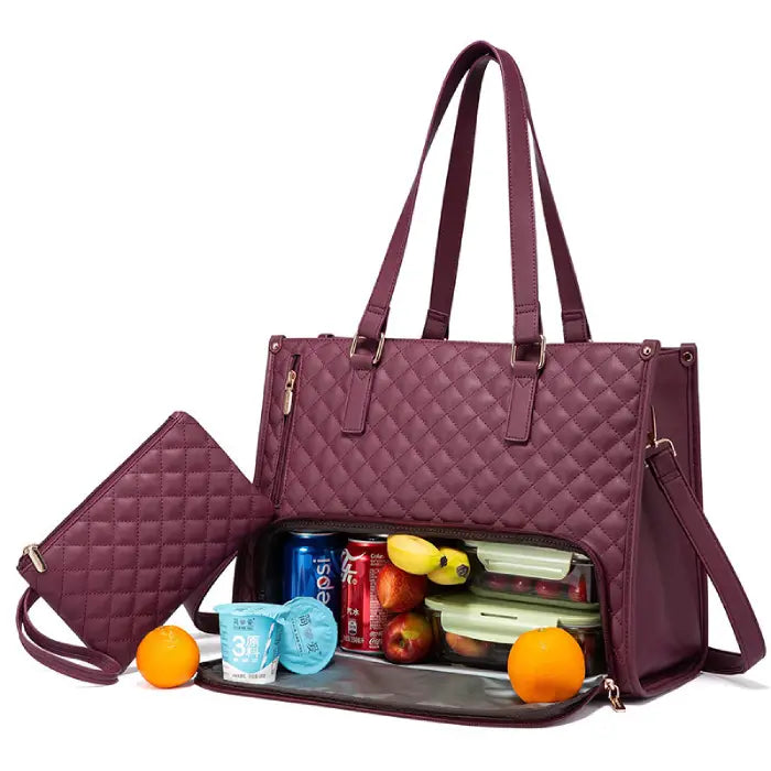 Stylish insulated laptop lunch bag for women in purple tone with visible food and drink storage.
