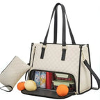  Stylish insulated laptop lunch bag for women in white with black trim, food storage, and matching pouch.