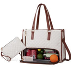 Stylish insulated laptop lunch bag for women in white and brown design with fruit and drink storage.
