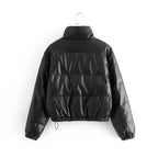 Stylish black puffer jacket back view showing glossy finish and elastic hemline