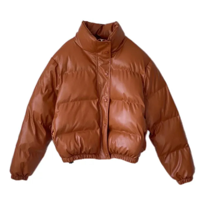 Stylish puffer jacket in glossy brown faux leather with front snap closure and padded design
