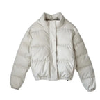 Stylish puffer jacket in cream color featuring cropped fit and insulated panel design