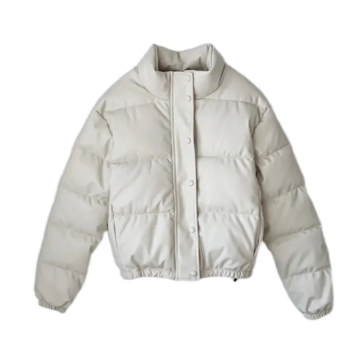 Stylish puffer jacket in cream color featuring cropped fit and insulated panel design