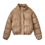 Stylish puffer jacket in tan with high collar and elastic hem for cozy winter layering