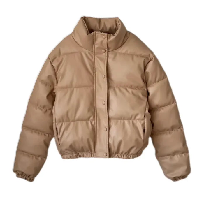 Stylish puffer jacket in tan with high collar and elastic hem for cozy winter layering