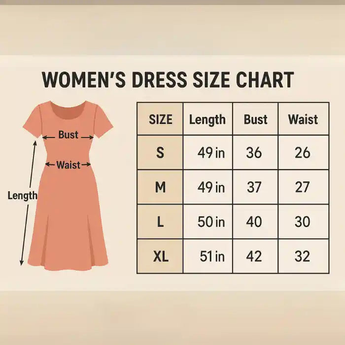 Summer dresses size chart showing measurements for women's S-XL sizes including length, bust, and waist dimensions in a visual guide