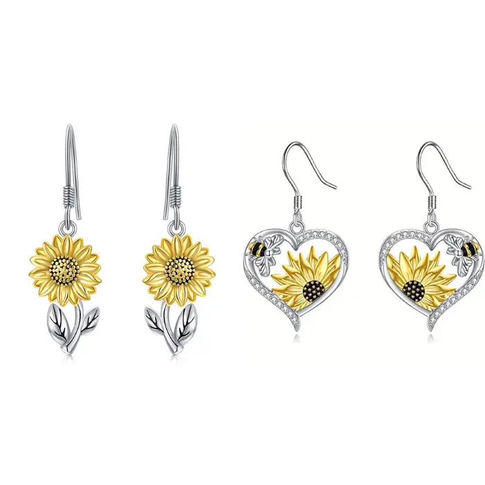 Comparison of sunflower dangle earrings and heart-shaped sunflower earrings for versatile jewelry looks.