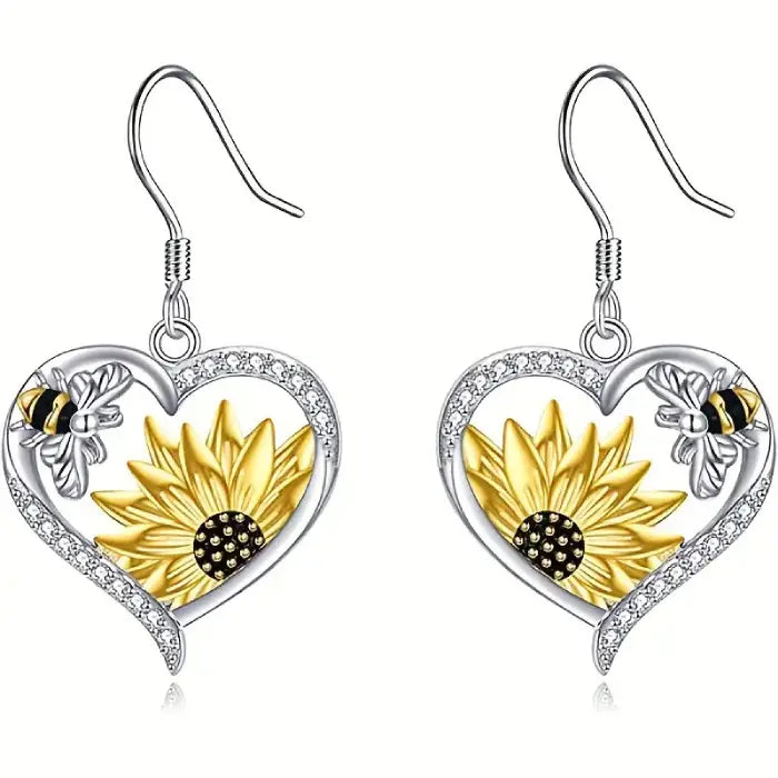 Stylish sunflower heart dangle earrings with bee and crystal details for unique women’s jewelry fashion.