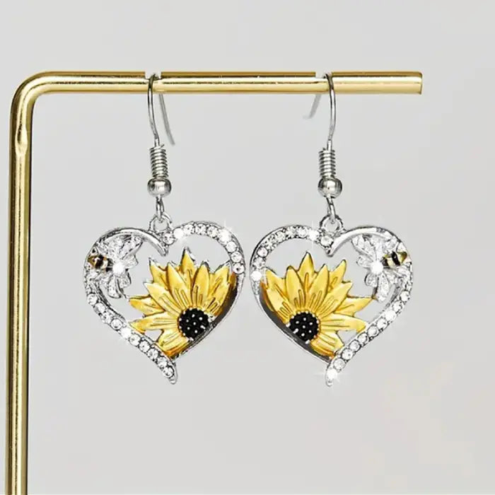 Heart-shaped sunflower drop earrings with crystal accents and bee design for women’s stylish jewelry.