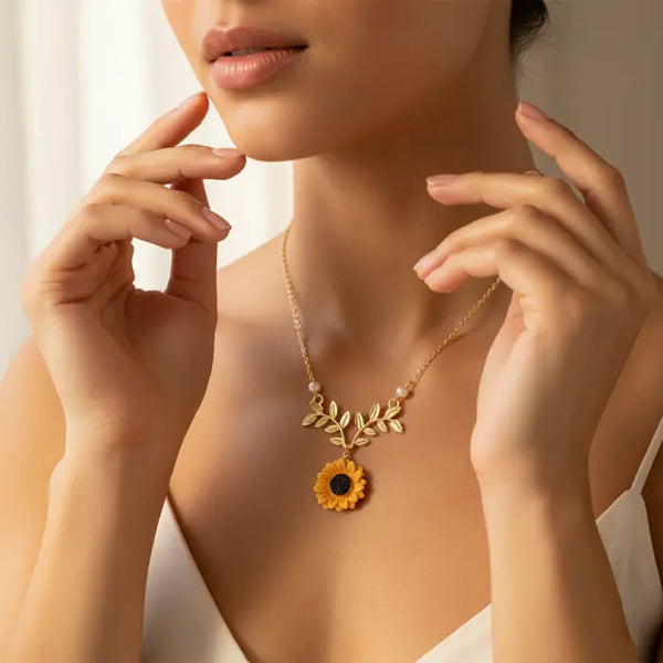 sunflower pendant necklace for women shown in gold with a soft romantic look highlighting delicate floral jewelry details for gifting