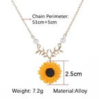 sunflower pendant necklace for women displayed with size measurements and material details offering clear product info for easy shopping