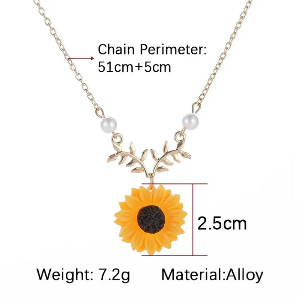 sunflower pendant necklace for women displayed with size measurements and material details offering clear product info for easy shopping
