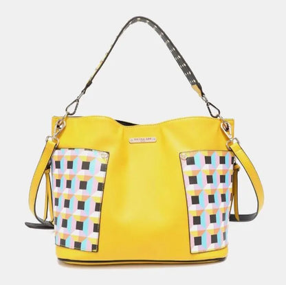 Modern yellow leather purse with geometric print accents, branded metal plate, and convertible carrying options