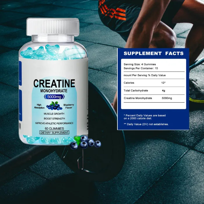 Supplement facts for blueberry creatine gummies, detailing calories, carbs, and creatine content.