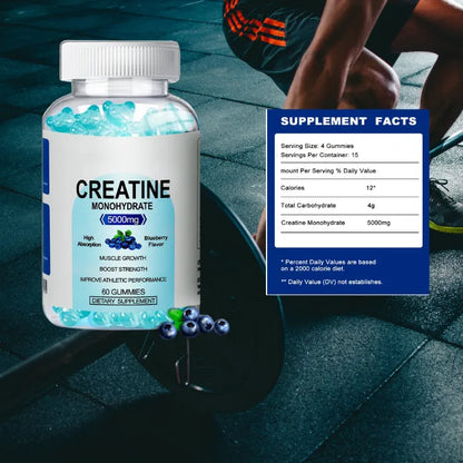 Supplement facts for blueberry creatine gummies, detailing calories, carbs, and creatine content.