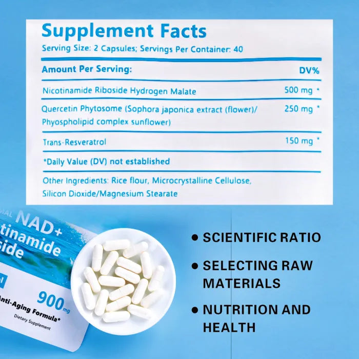 Supplement facts showing NAD+, resveratrol, and collagen content for health.