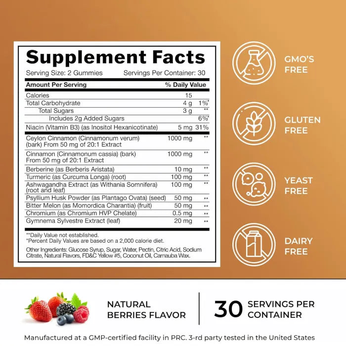 Supplement facts for cinnamon gummies, showing natural ingredients and allergen-free benefits.