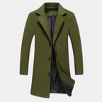 sustainable mens biodegradable acetate overcoat in army green earthy tone showcasing eco conscious outerwear with refined tailoring