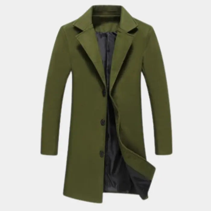 sustainable mens biodegradable acetate overcoat in army green earthy tone showcasing eco conscious outerwear with refined tailoring