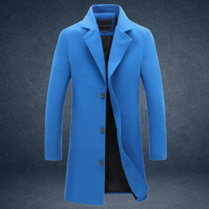 sustainable mens biodegradable acetate overcoat in bright blue featuring contemporary eco friendly style and structured silhouette