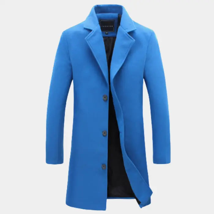 sustainable mens biodegradable acetate overcoat in bright blue slim fit offering eco friendly stylish outerwear for modern fashion
