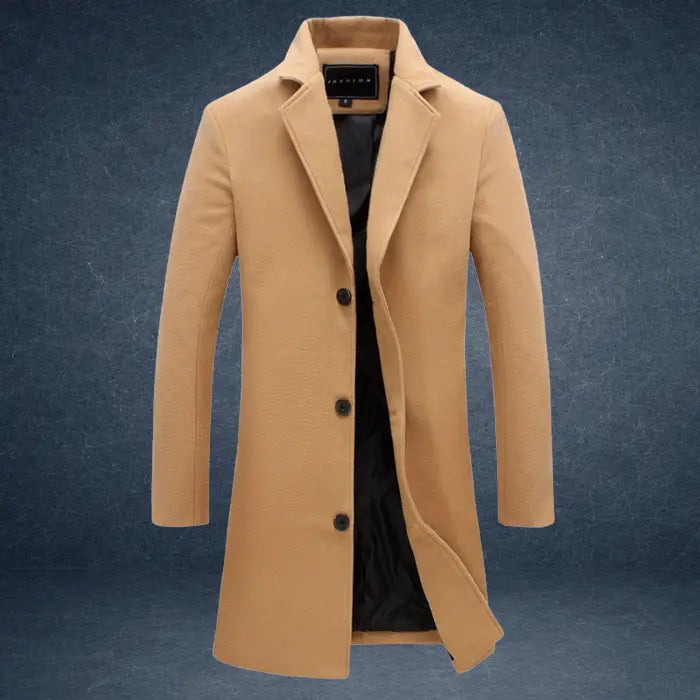 sustainable mens biodegradable acetate overcoat in camel with classic fit design providing elegant eco conscious outerwear option