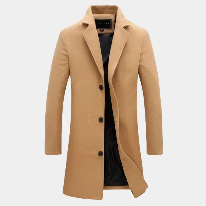 sustainable mens biodegradable acetate overcoat in camel with modern tailored design offering eco friendly premium outerwear style