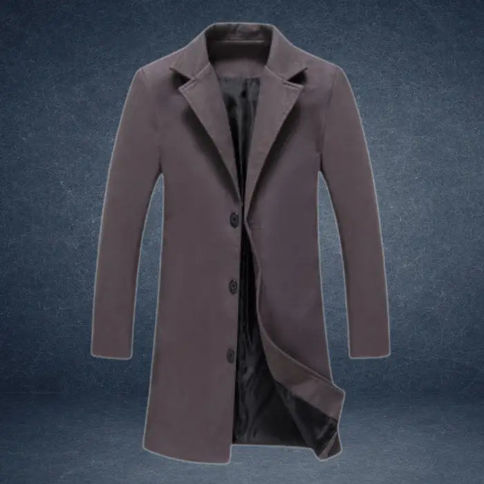 sustainable mens biodegradable acetate overcoat in gray with elegant streamlined shape for eco conscious refined outerwear looks