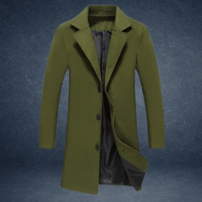 sustainable mens biodegradable acetate overcoat in green earth tone offering eco friendly style with clean modern tailored design