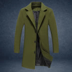 sustainable mens biodegradable acetate overcoat in green earth tone offering eco friendly style with clean modern tailored design
