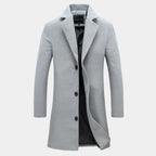 sustainable mens biodegradable acetate overcoat in light gray shown with clean modern design for premium eco conscious outerwear