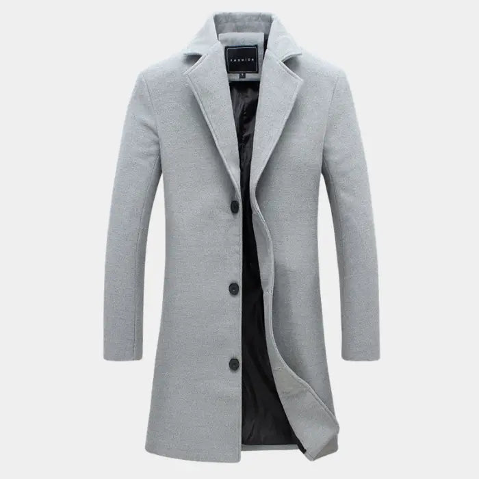 sustainable mens biodegradable acetate overcoat in light gray shown with clean modern design for premium eco conscious outerwear