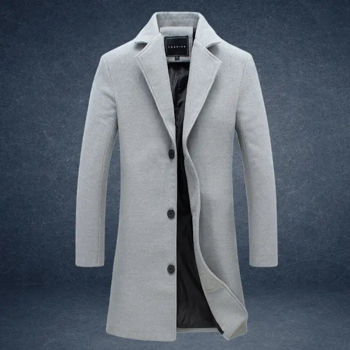 sustainable mens biodegradable acetate overcoat in light gray with tailored modern cut offering eco friendly premium outerwear style