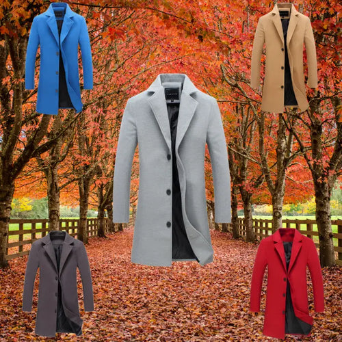 sustainable mens biodegradable acetate overcoat shown in multiple colors against autumn leaves for eco friendly seasonal fashion appeal
