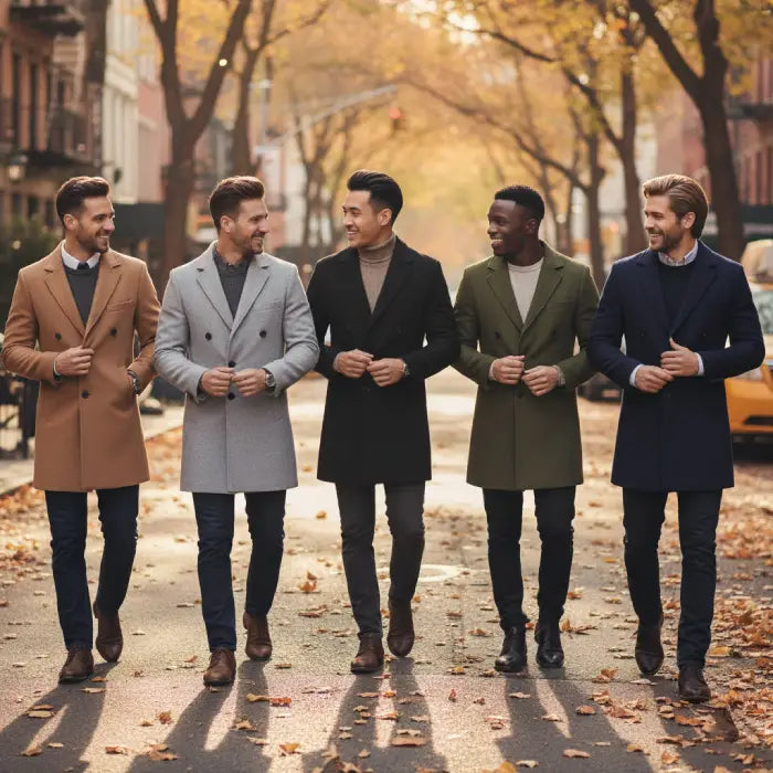 sustainable mens biodegradable acetate overcoat shown in multiple colors worn outdoors highlighting eco friendly modern fashion style