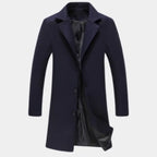sustainable mens biodegradable acetate overcoat in navy featuring classic eco friendly design with structured modern silhouette