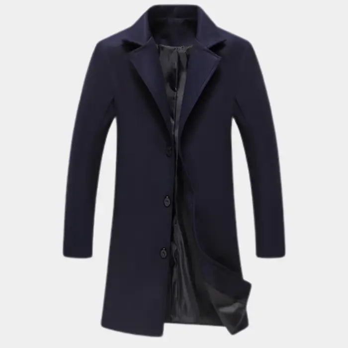 sustainable mens biodegradable acetate overcoat in navy featuring classic eco friendly design with structured modern silhouette