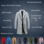 sustainable mens biodegradable acetate overcoat shown with breathable lightweight eco friendly features in a clean minimalist design
