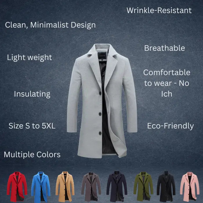 sustainable mens biodegradable acetate overcoat shown with breathable lightweight eco friendly features in a clean minimalist design