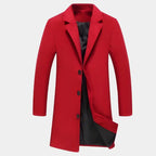sustainable mens biodegradable acetate overcoat in bold red offering eco friendly fashion with clean modern structured design