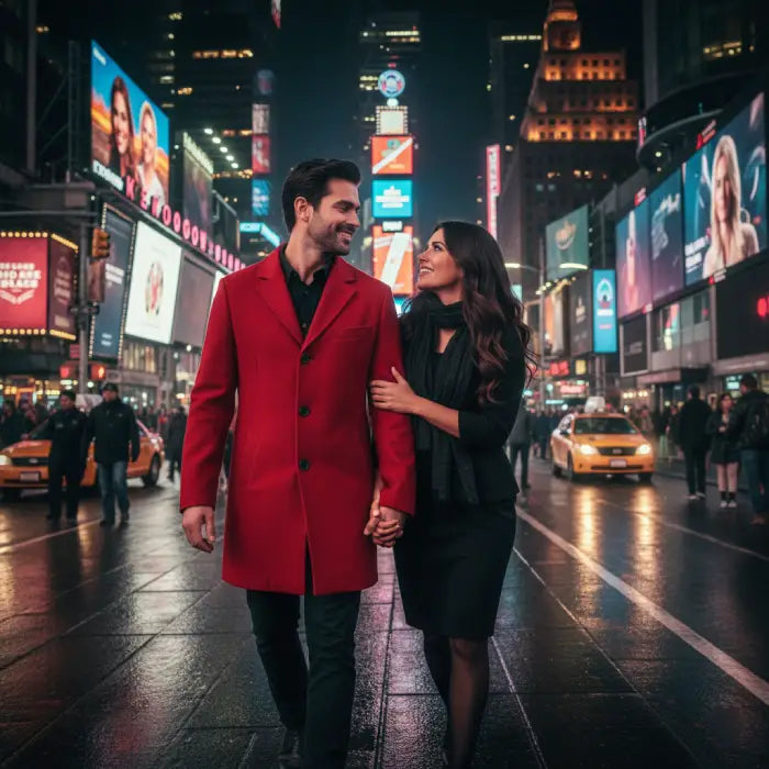 sustainable mens biodegradable acetate overcoat in red worn in a night city scene showing stylish eco outerwear for modern urban use