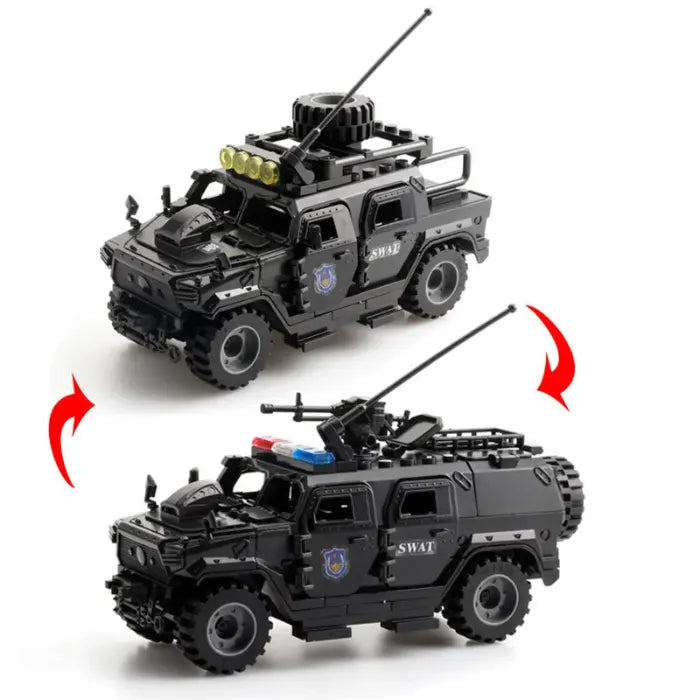 Black SWAT toy vehicle with a mounted gun, police decals, and a sleek, tactical design.