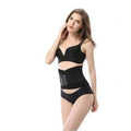 Black sweat waist trimmer worn by model for body shaping and waist slimming purposes.