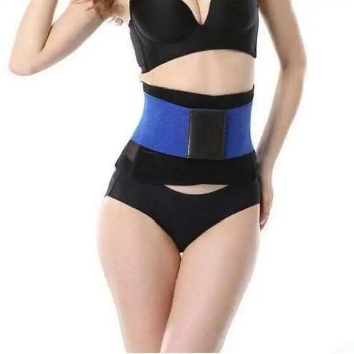 Blue sweat waist trimmer used for body toning and workout support around the waist area.