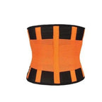 Sweat waist trimmer in orange with black paneling designed for core compression and back support.