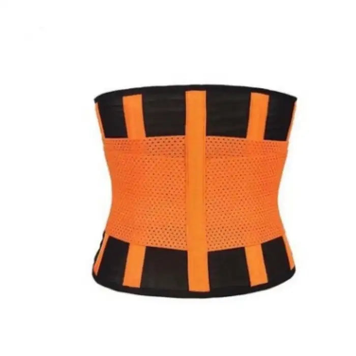 Sweat waist trimmer in orange with black paneling designed for core compression and back support.