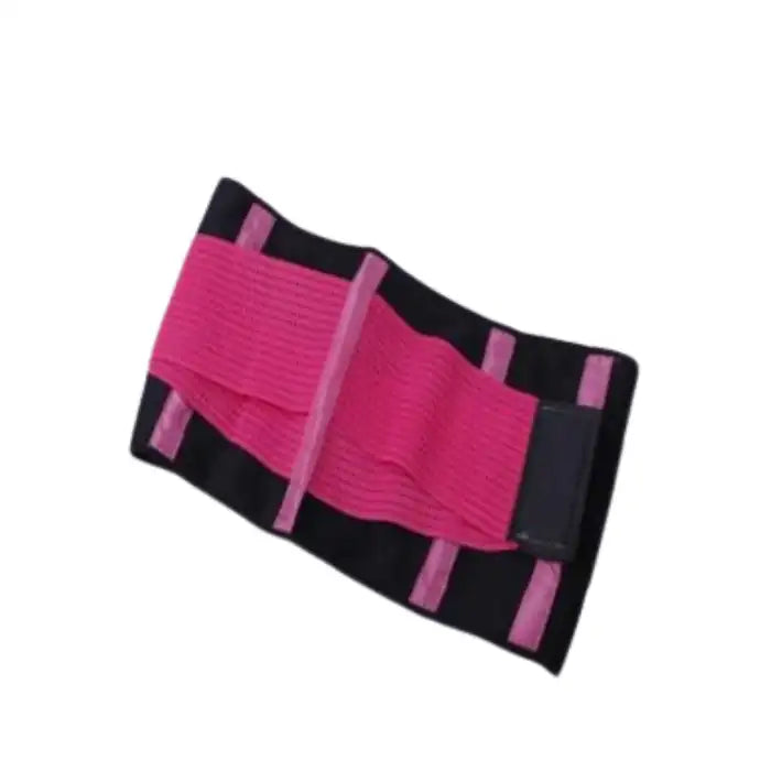 Pink sweat waist trimmer laid flat showing adjustable velcro straps and breathable fabric.