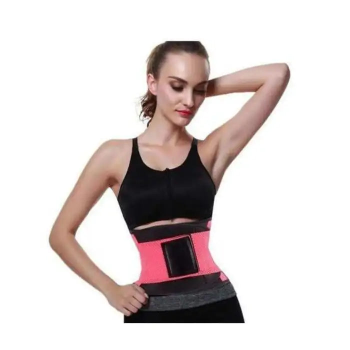 Sweat waist trimmer in pink worn by woman in sportswear for gym workouts and waist training.